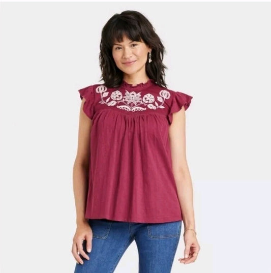 Red Cotton Embroidered Top XL