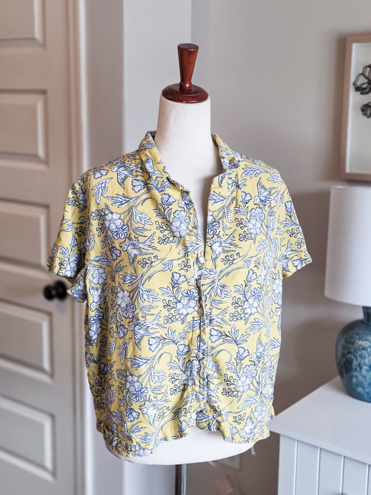 Yellow Blue Bird Print Button Up L