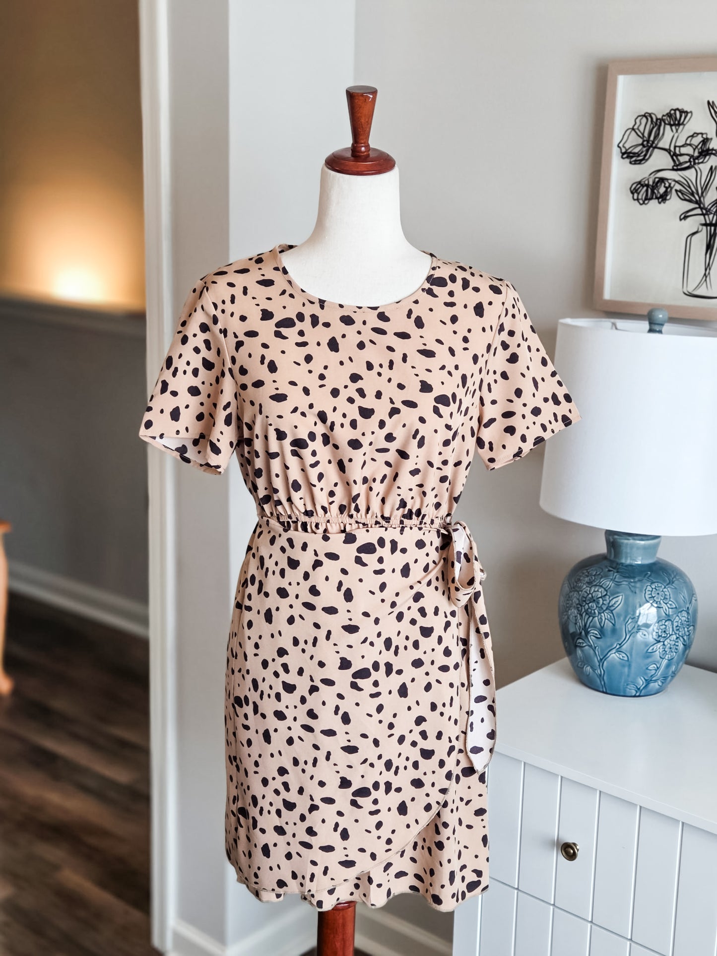 Tan Black Print Dress S