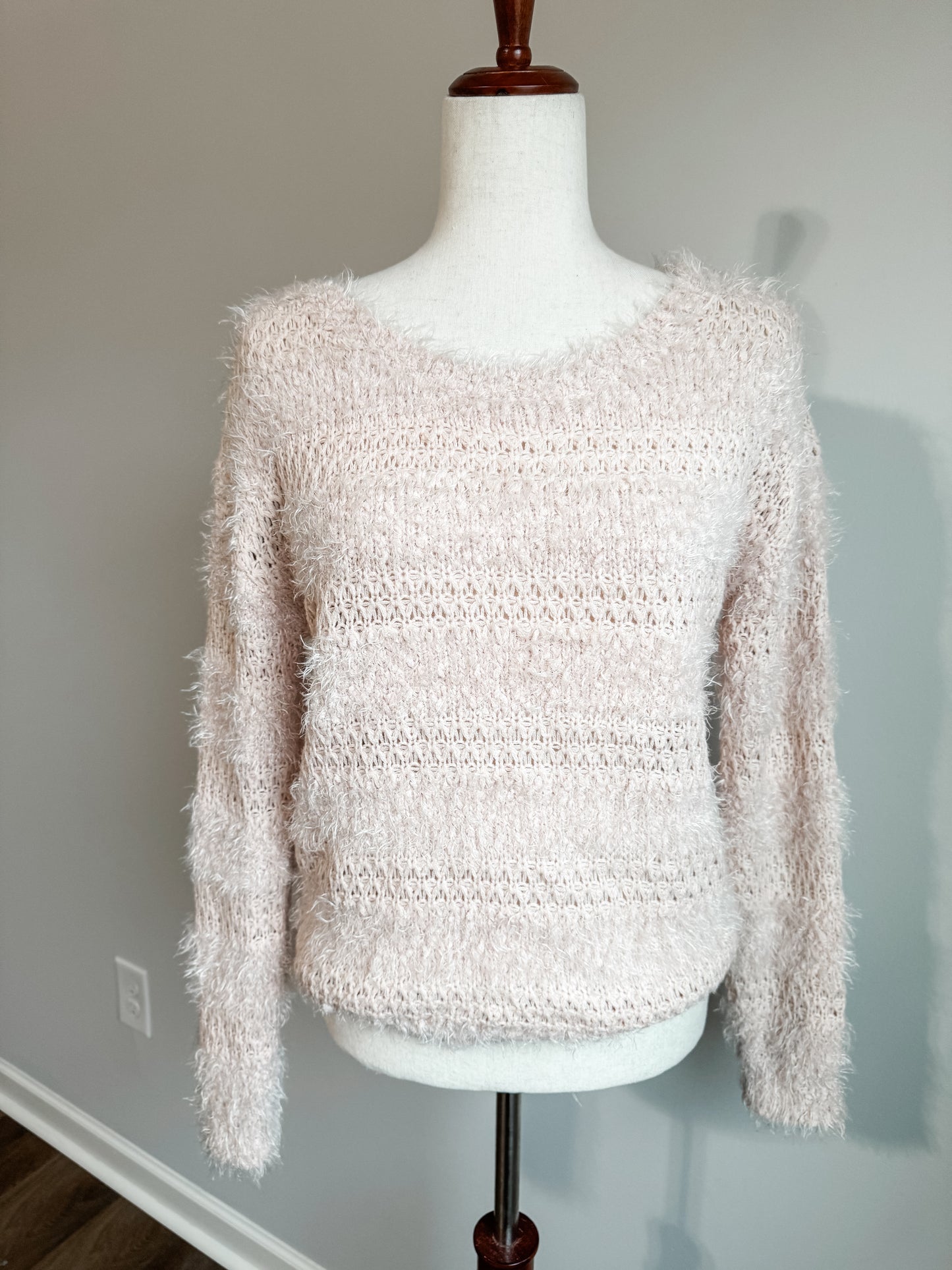 Pale Pink Striped Fuzzy Sweater M