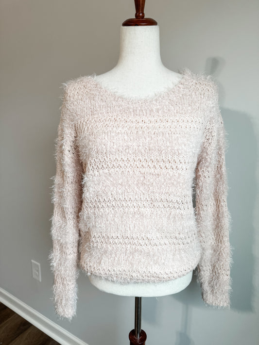 Pale Pink Striped Fuzzy Sweater M