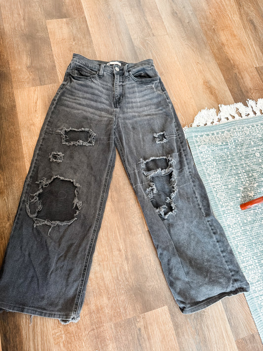 Black Distressed Wide Leg Jeans 7/28