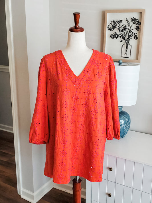 Orange Pink Eyelet Embroidered Top 2X