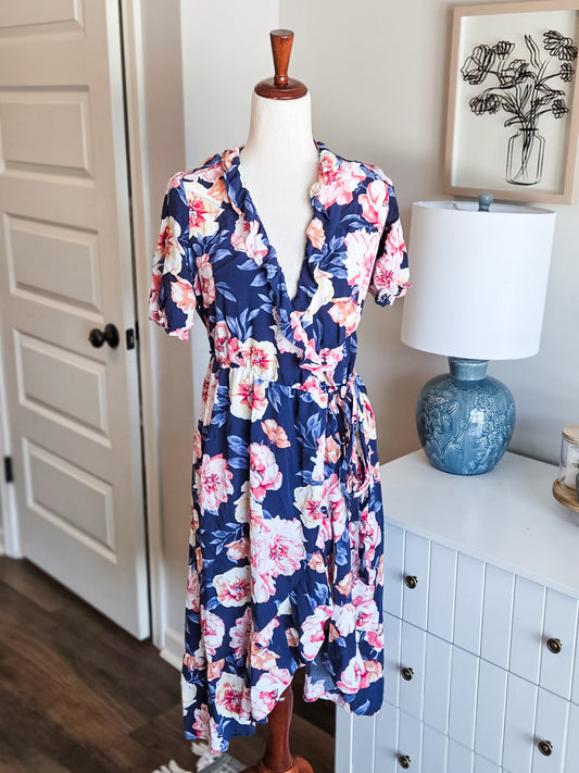 Navy Floral Wrap Dress S