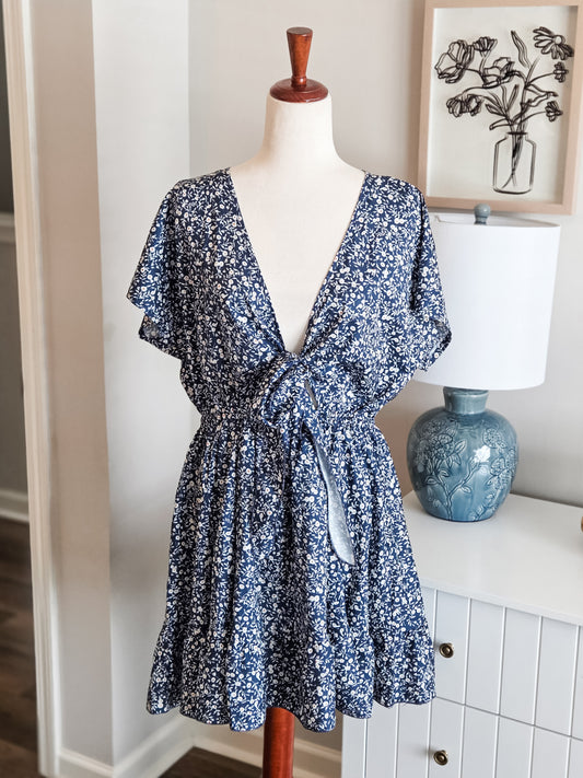 Navy Floral Tie Front Dress L