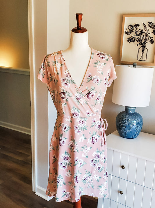 Pink Floral V Neck Dress M