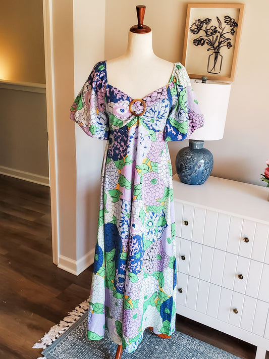 Purple Blue Green Floral Maxi Dress S