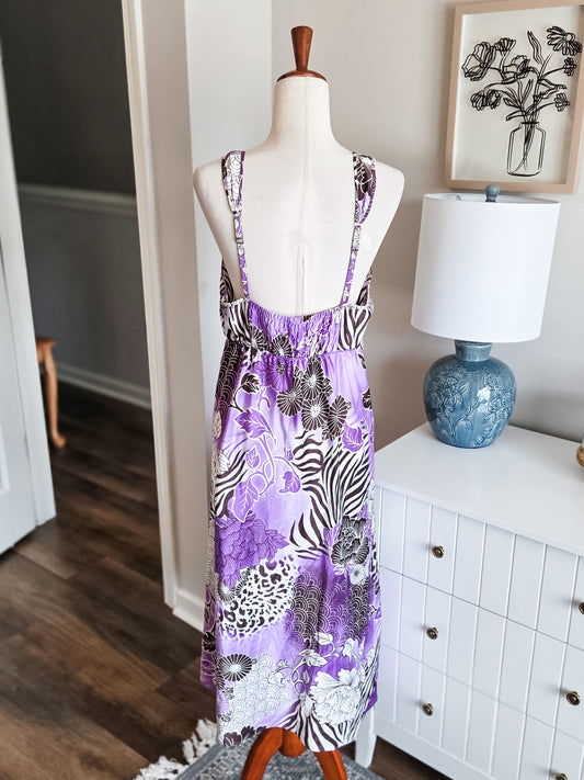 Purple Cream Brown Print Dress M/L