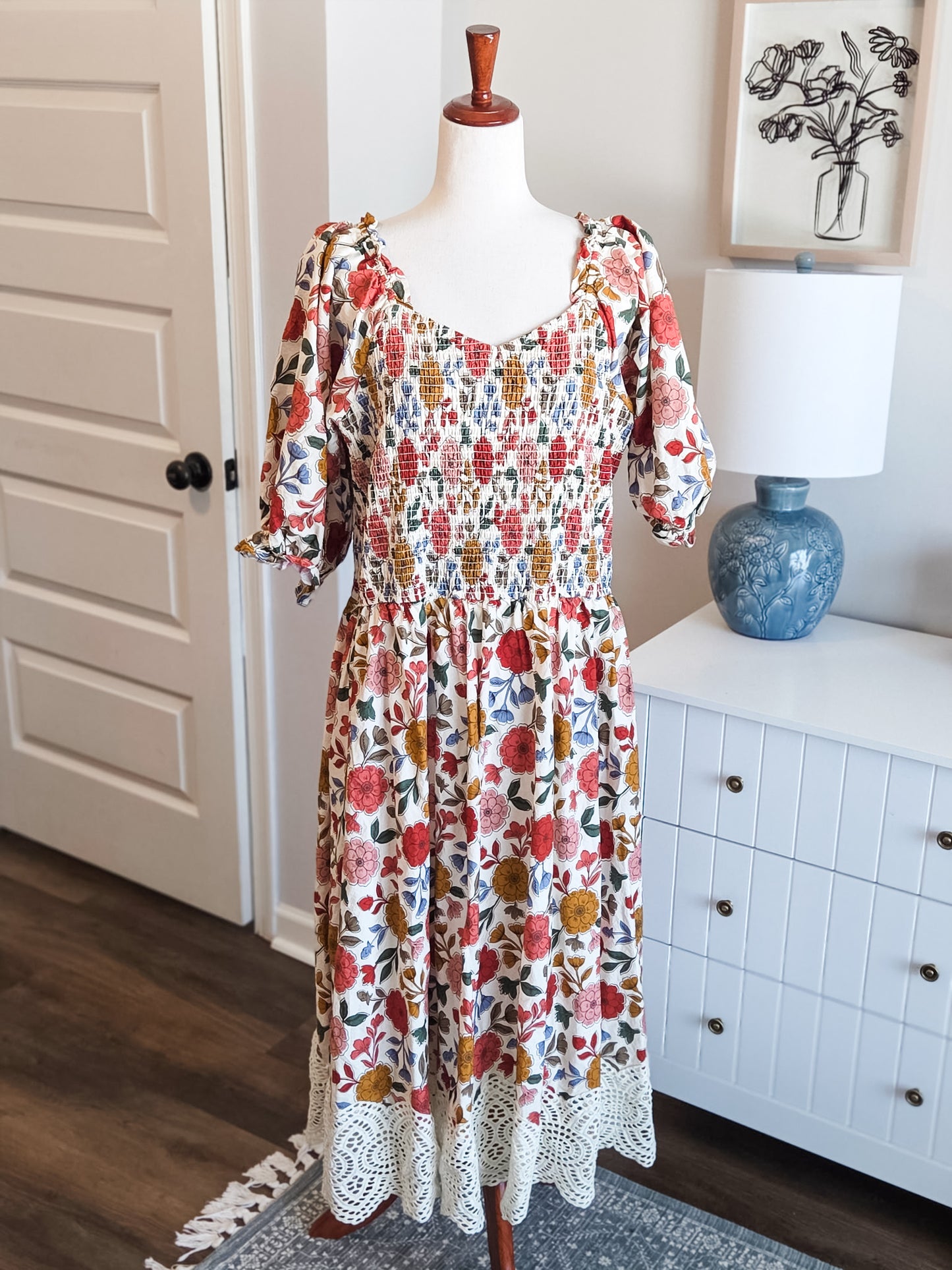 Multi Color Floral Cotton Lace Hem Dress 1X