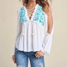 White Blue Embroidered Top 8