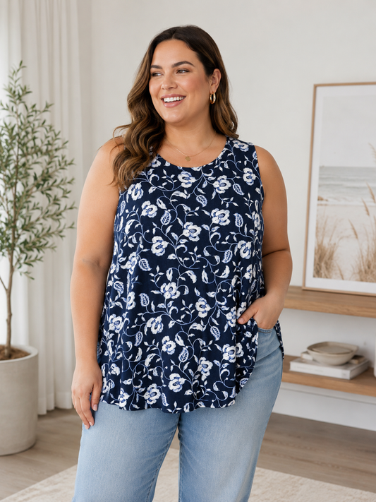 Navy Floral Tank L Petite