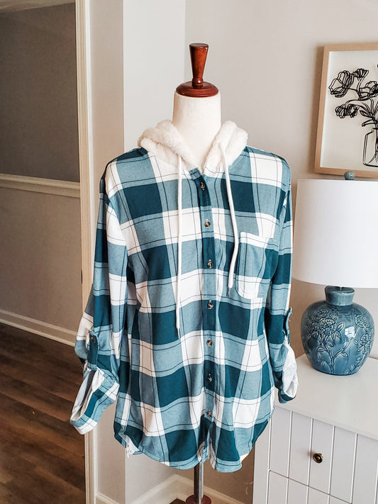 Green White Plaid Hooded Top M
