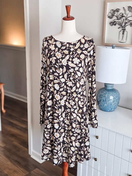 Black Yellow Gray Floral Dress S Tall