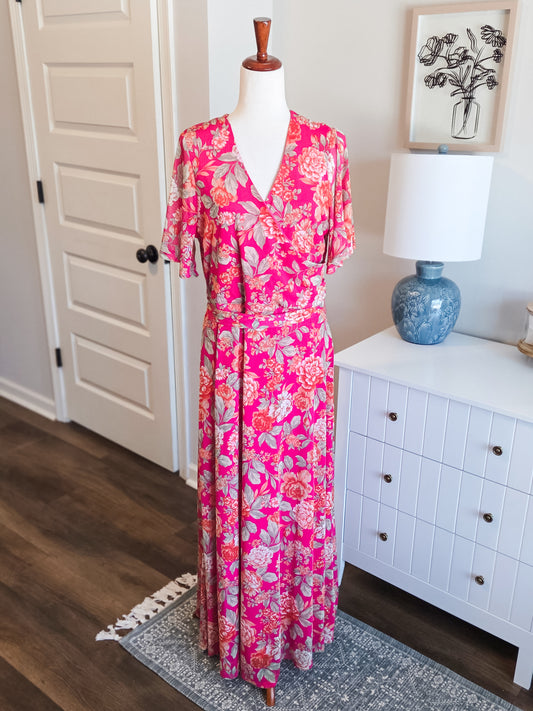 Pink Orange Green Floral Maxi Dress XL