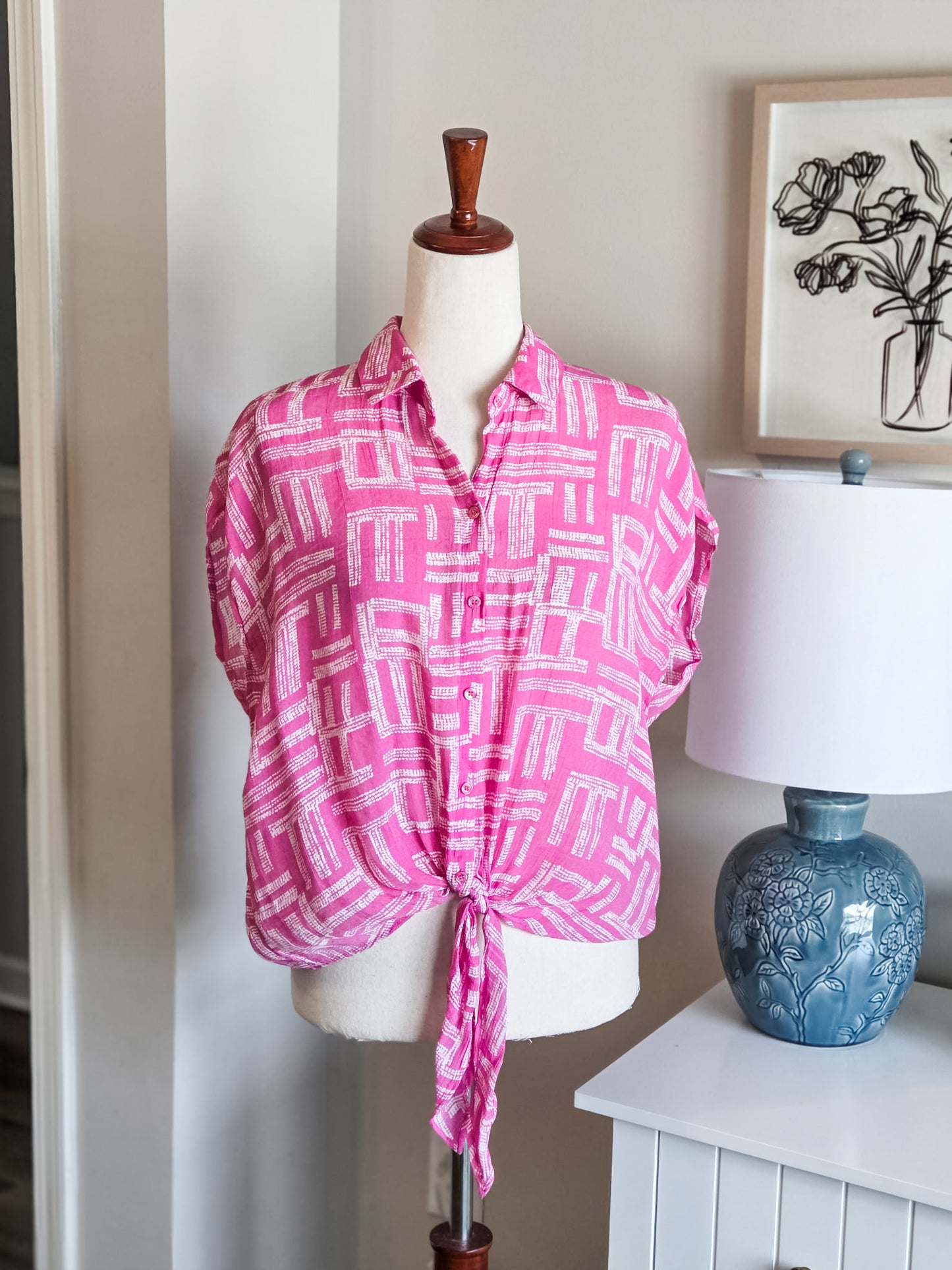 Pink White Print Button Up L