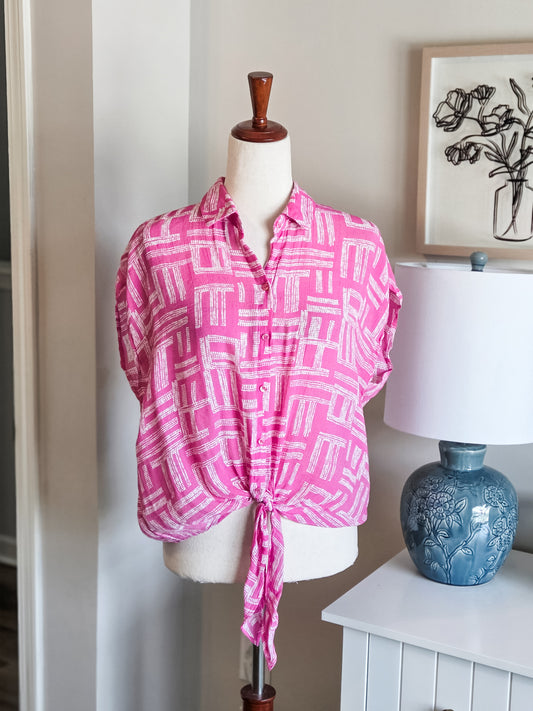 Pink White Print Button Up L