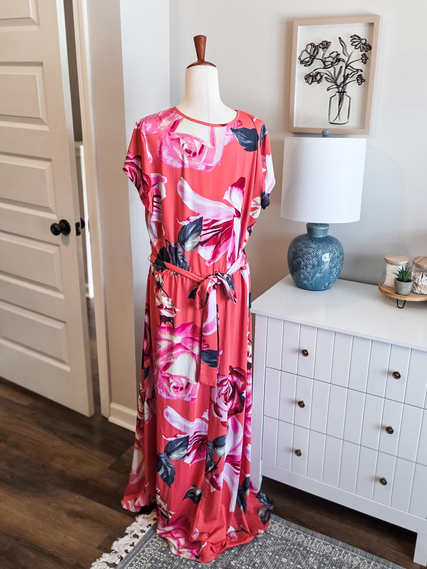 Coral Floral Maxi Dress 1-2X