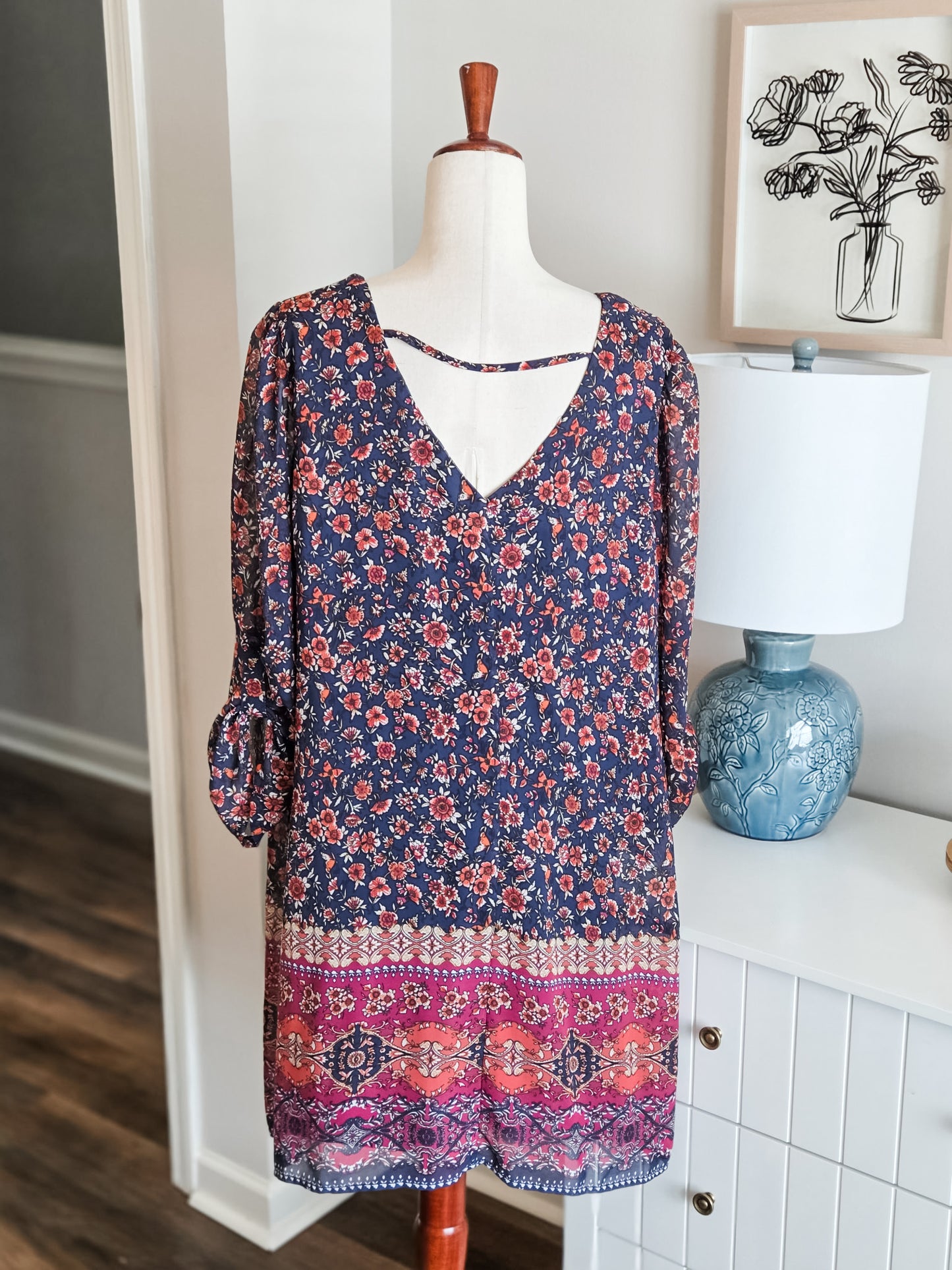 Navy Orange Pink Floral Dress L