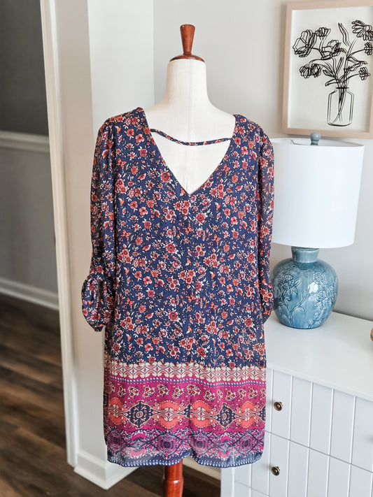 Navy Orange Pink Floral Dress L