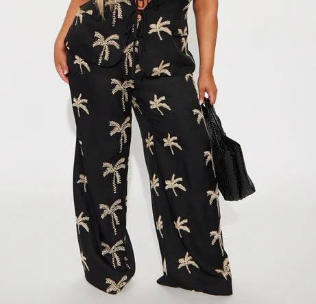 Black Tan Embroidered Pants L
