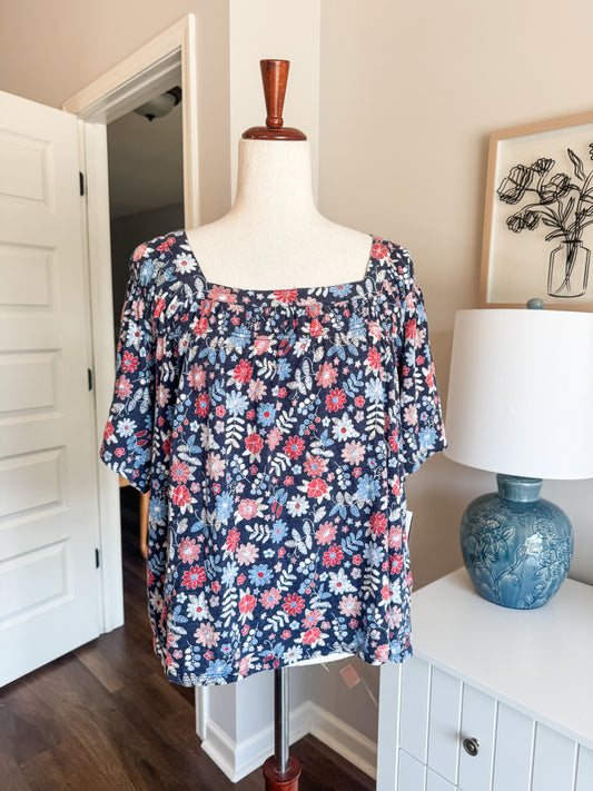 Navy Pink Red Floral Top XL