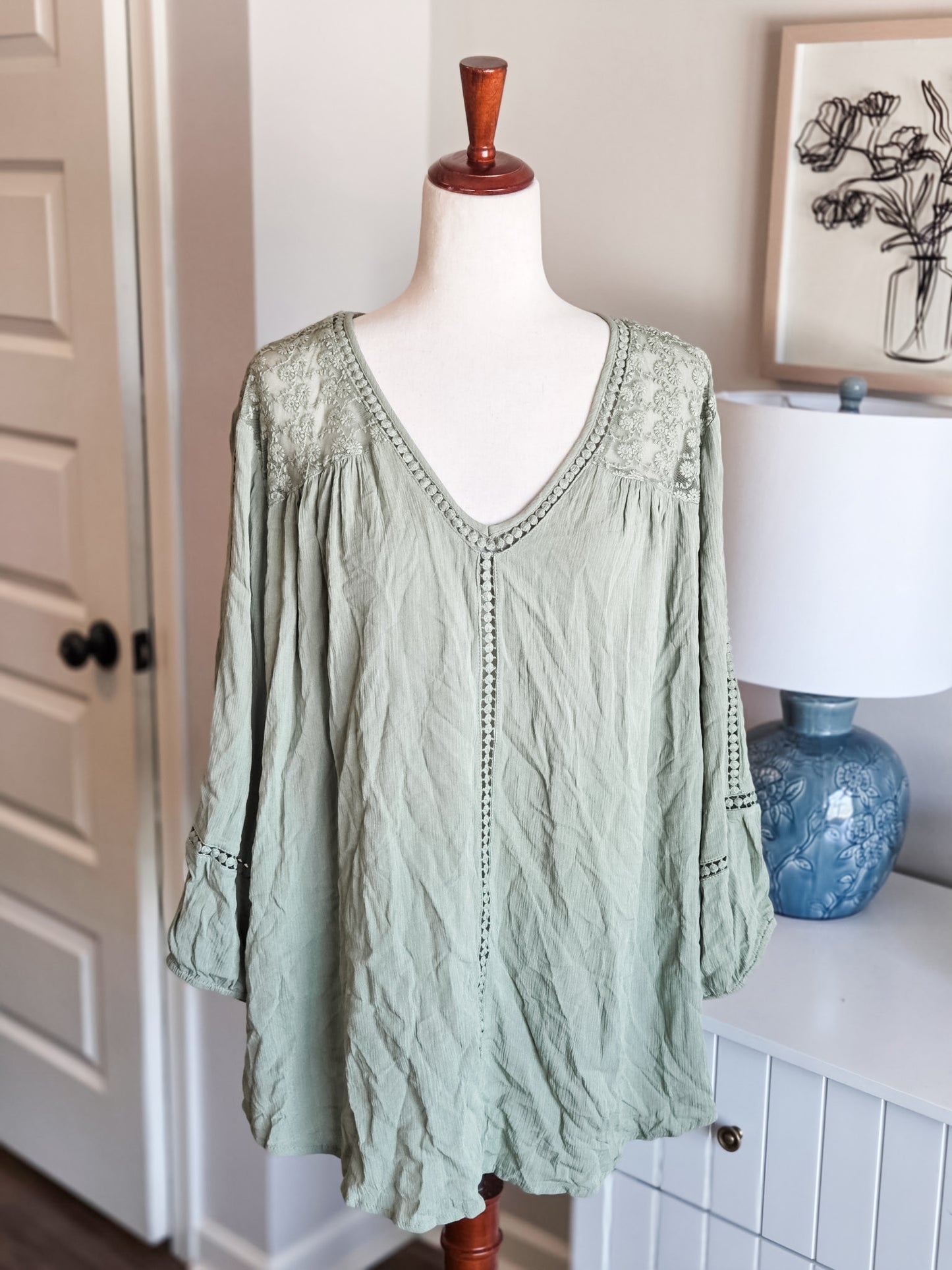 Sage Green Lace Yoke Top 2X
