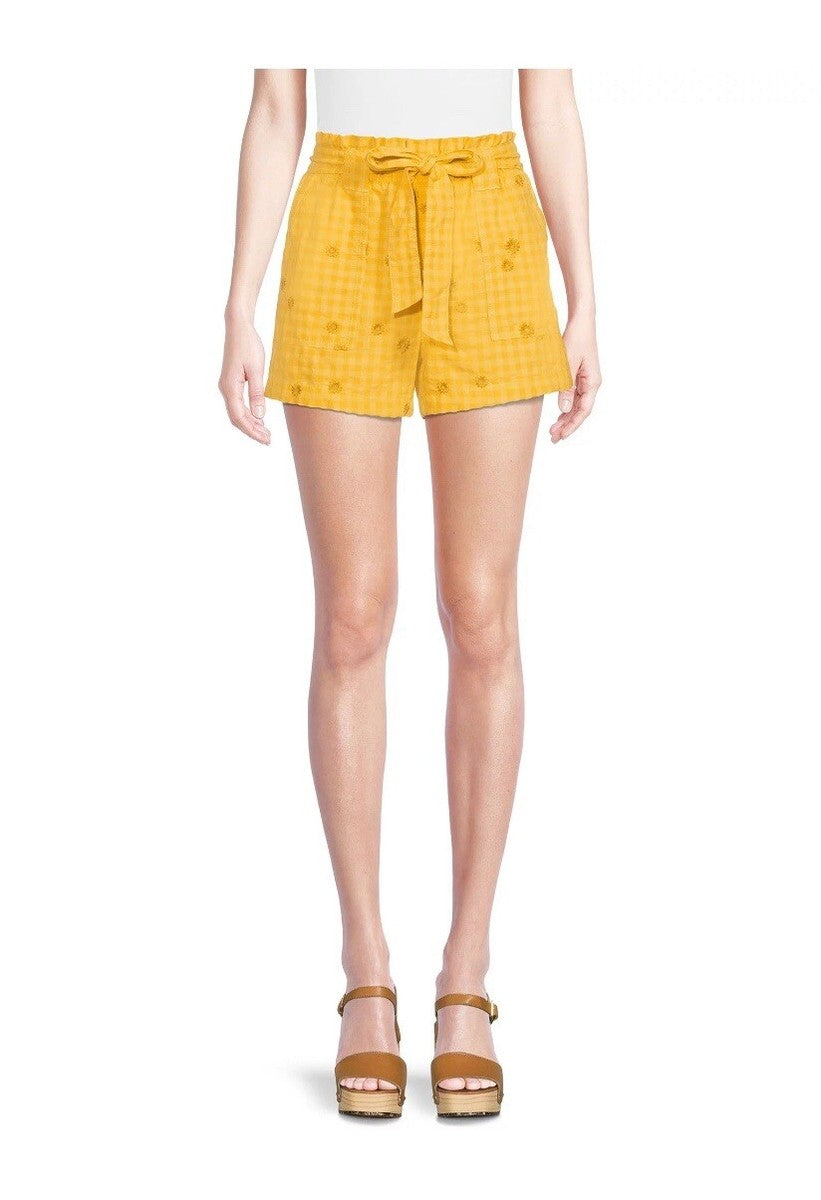 Yellow Checked Embroidered Shorts L