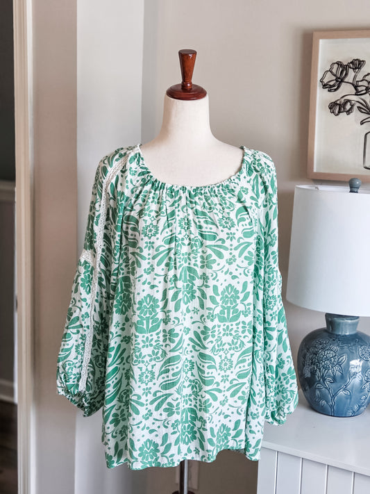 Green White Print Top 1X