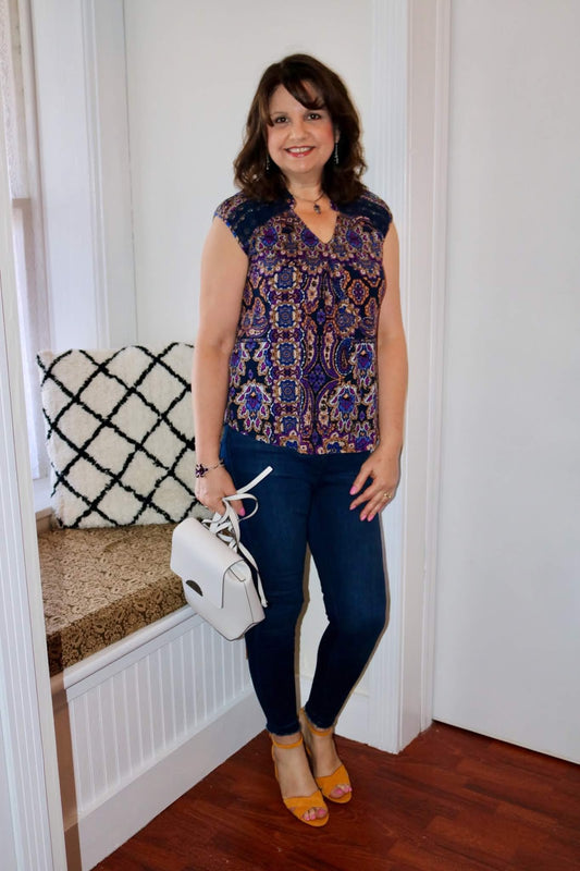 Navy Mustard Purple Print Top L
