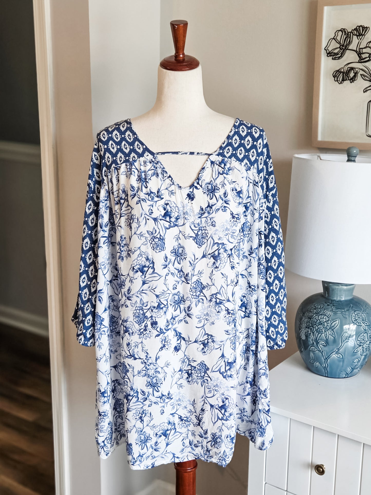 Blue White Print Top 2X