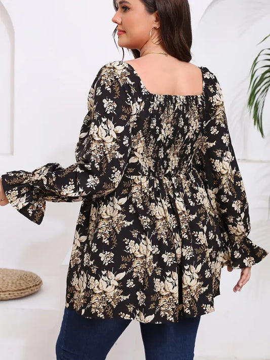 Black Brown Smocked Floral Top XL