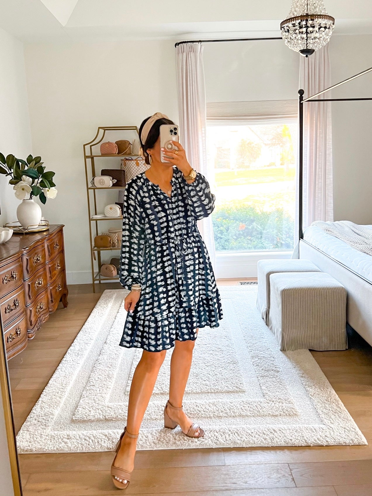 Navy White Print Dress XL