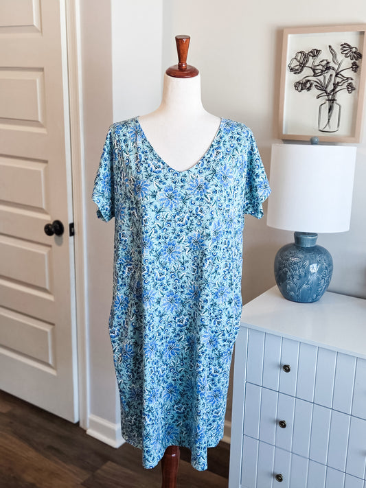 Blue Floral Cotton Dress M