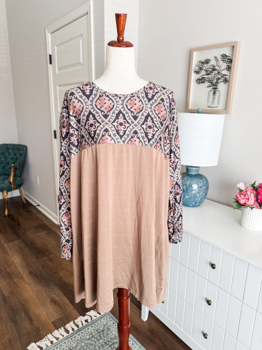 Brown Tunic with Print Yoke 1-2X