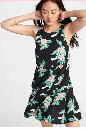 Black Tropical Print Dress M