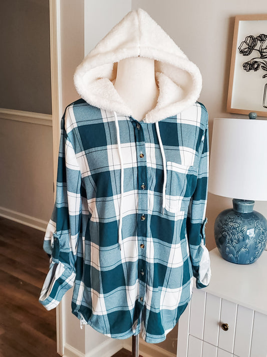 Green White Plaid Hooded Top M