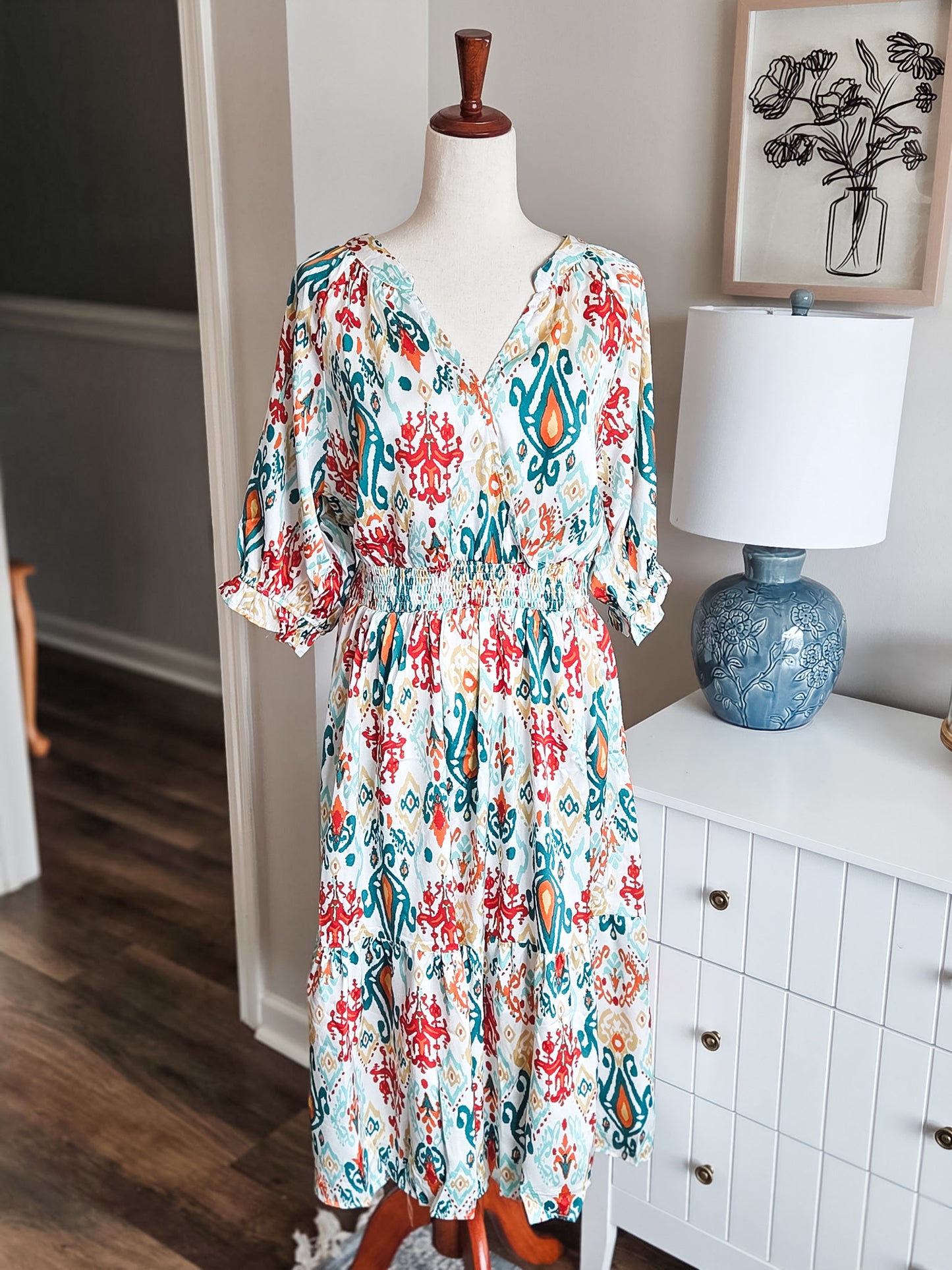 NEW Green Red Orange Print Dress