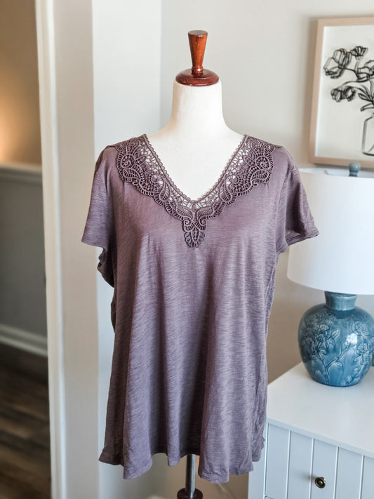 Gray Lace Neckline Top XL