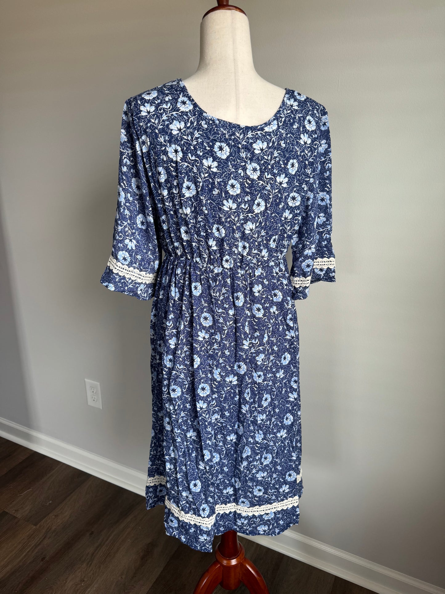 Blue and White Floral Trimmed Dress