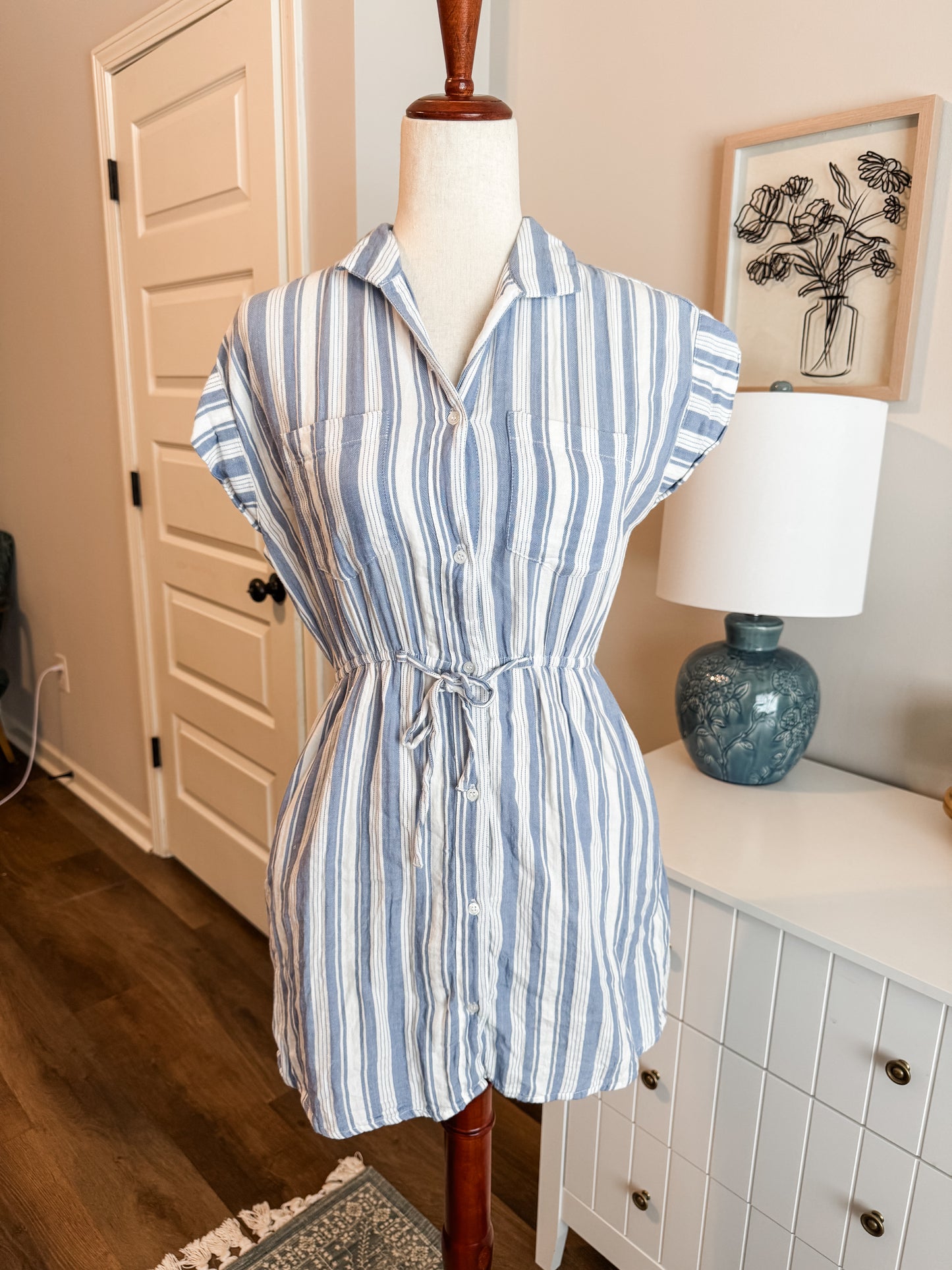 Blue White Striped Cotton Dress S