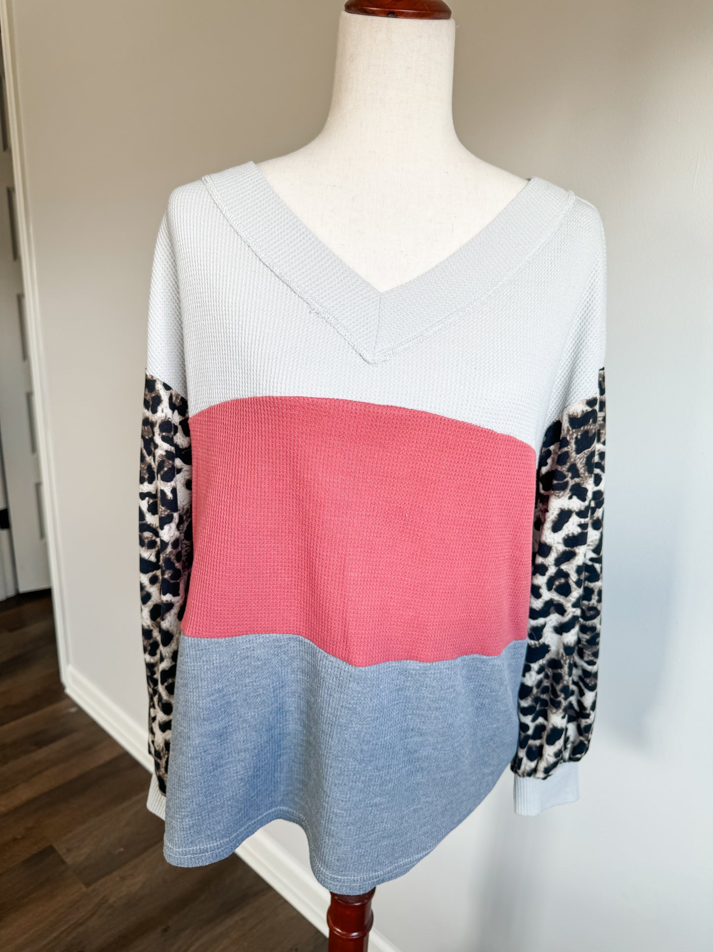 Gray Pink Animal Print Colorblock Top M