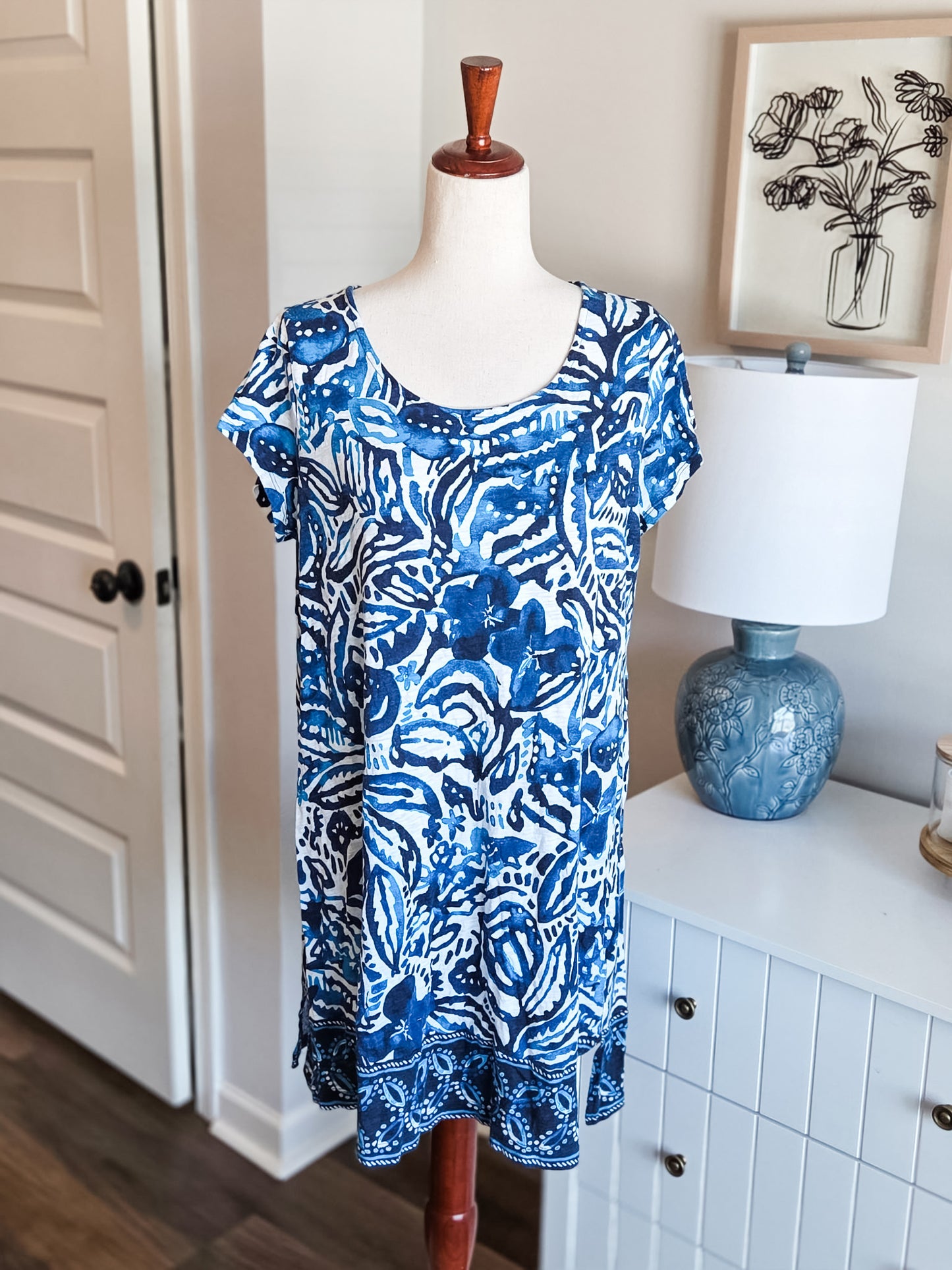 Blue White Floral Dress L