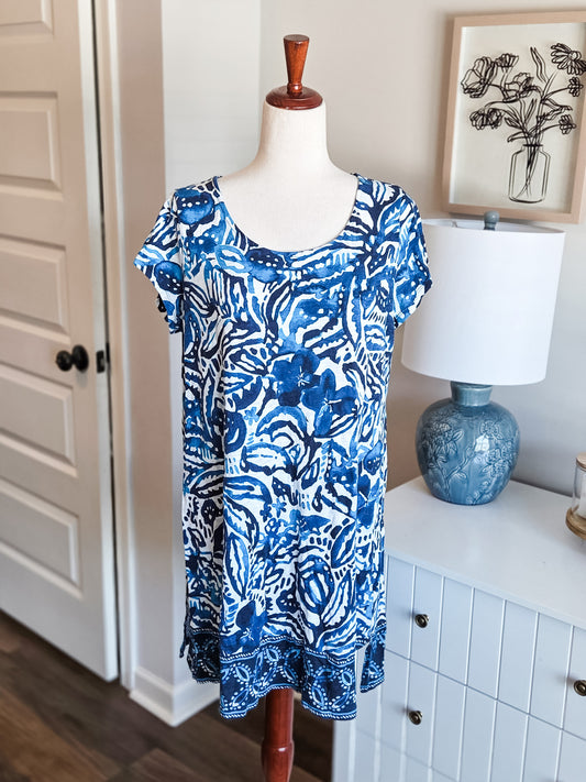 Blue White Floral Dress L