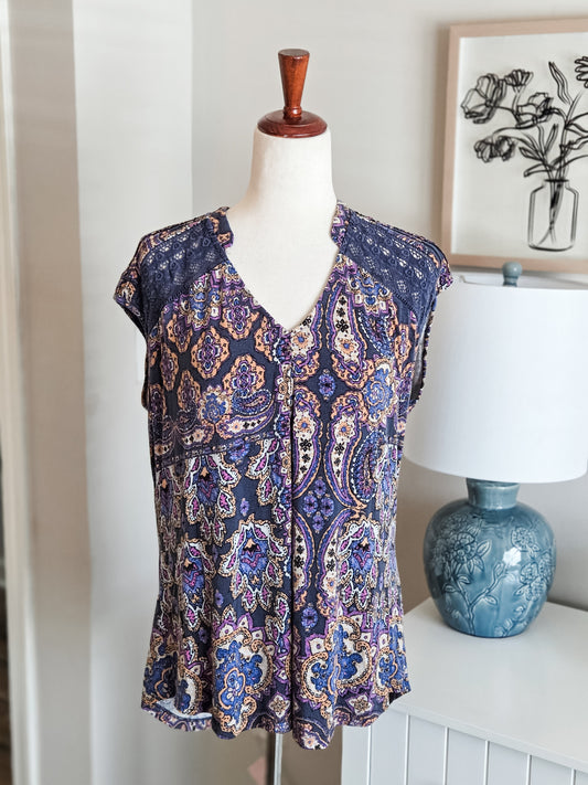 Navy Mustard Purple Print Top L
