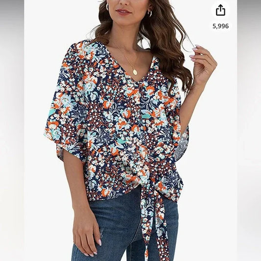 Navy Blue Orange Floral Top L