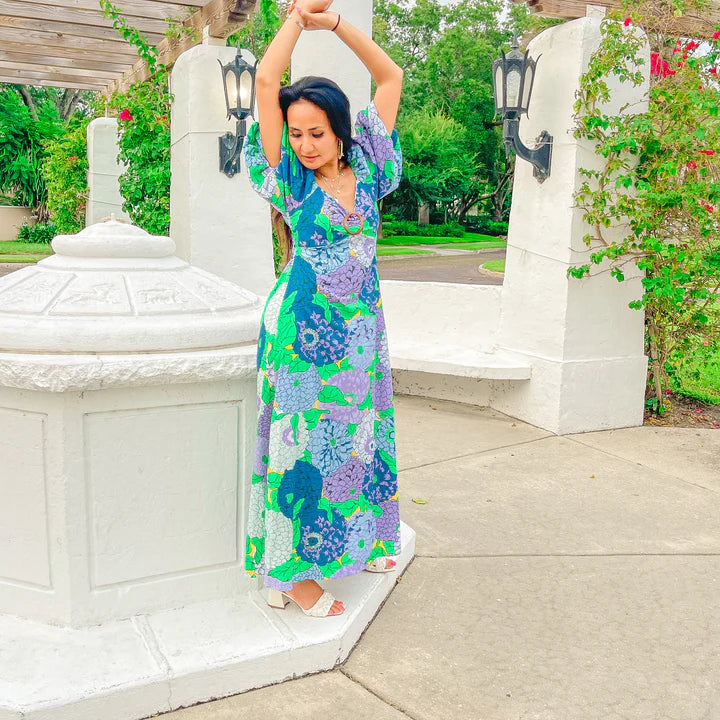 Purple Blue Green Floral Maxi Dress S