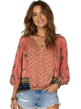Coral Boho Floral Top S