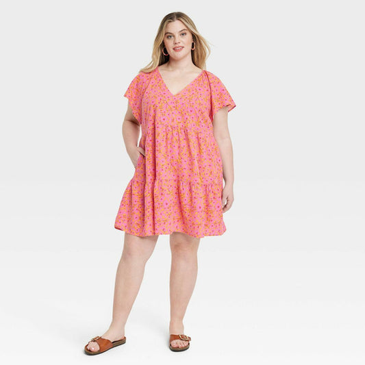 Orange Pink Floral Dress XXL