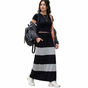 Black Gray Colorblock Maxi Skirt XL