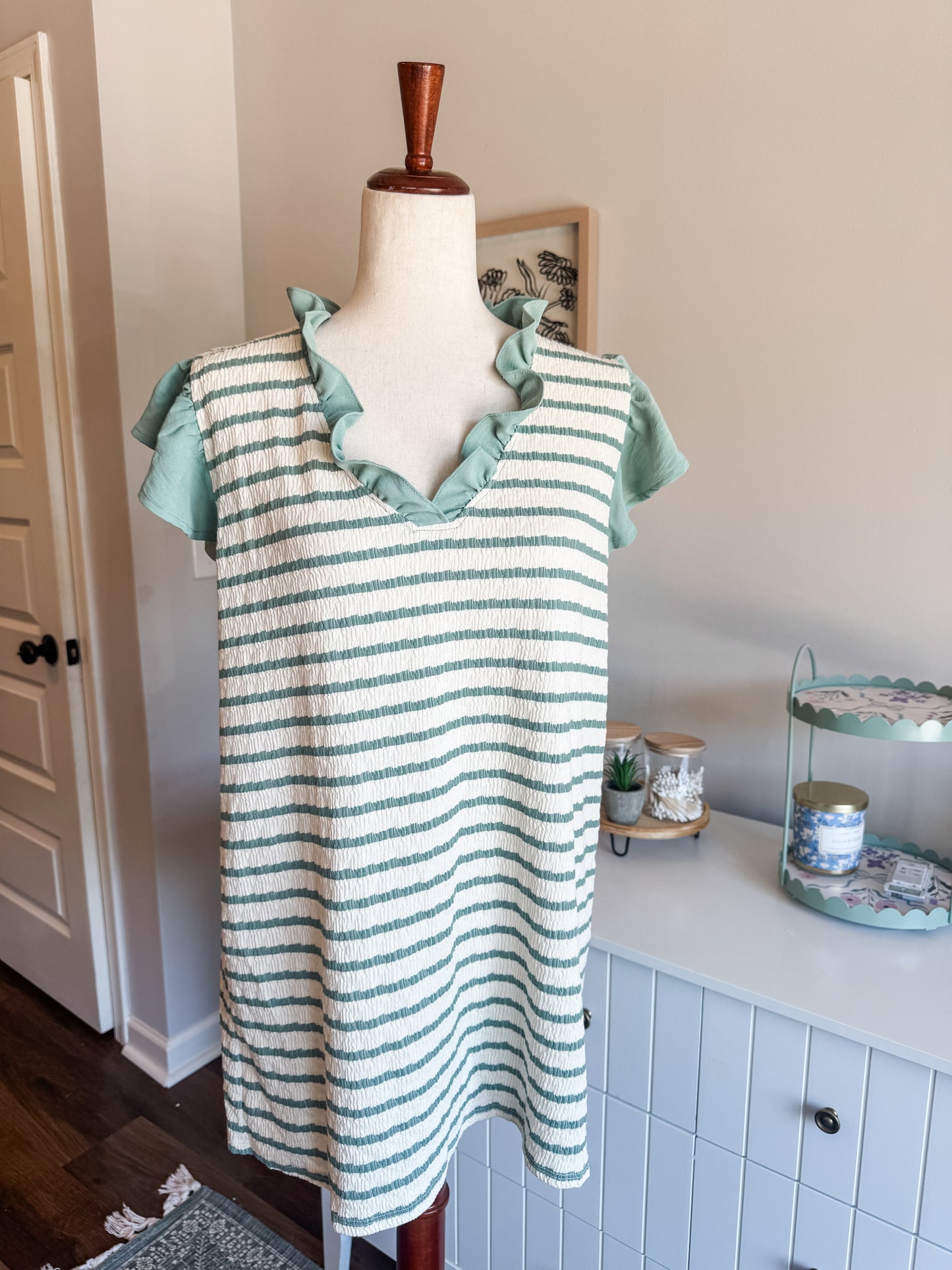 NEW Green Cream Striped Ruffle Sleeve Top